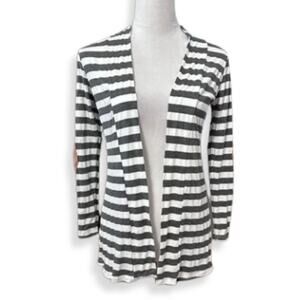 Myobe Cardigan Sweater Long Sleeve Elbow Patches Striped Open Front Gray White S